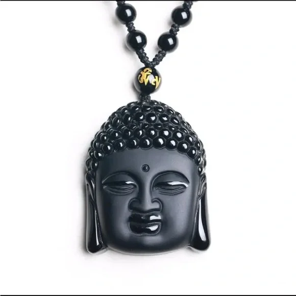 Bodhisattva carved obsidian necklace - Picture 2 of 5